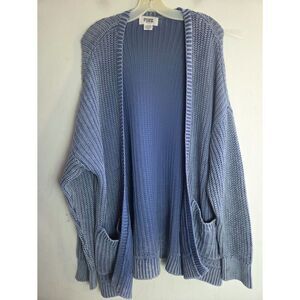 Pink Victoria Secret Blue Chuncky Knit 100% Cotton Open Duster Cardigan sz Large